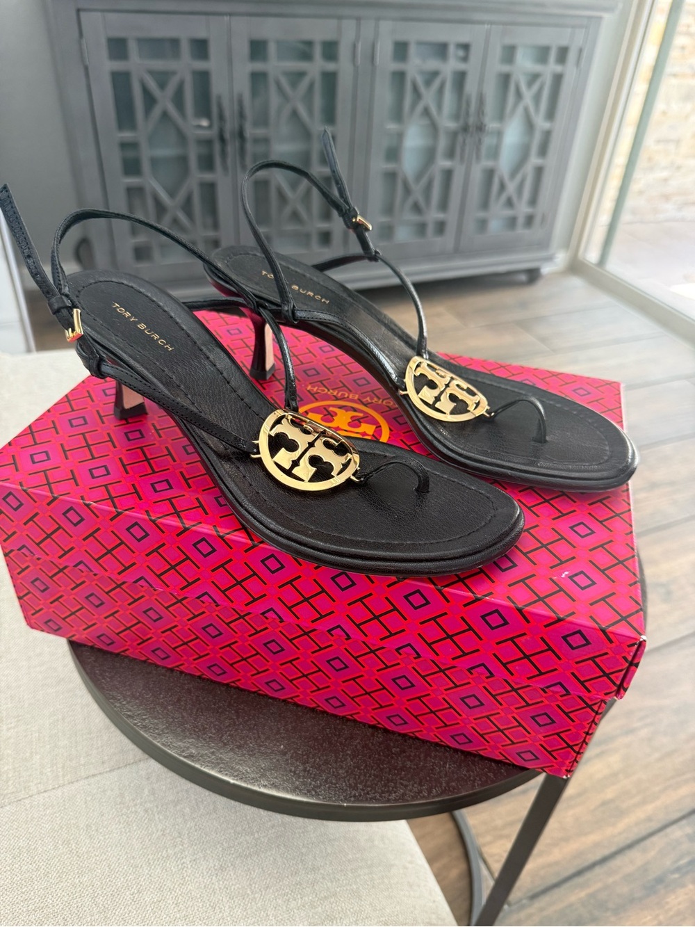 Tory Burch Black Slingback Miller Logo Thong Sandals with Gold Emblem